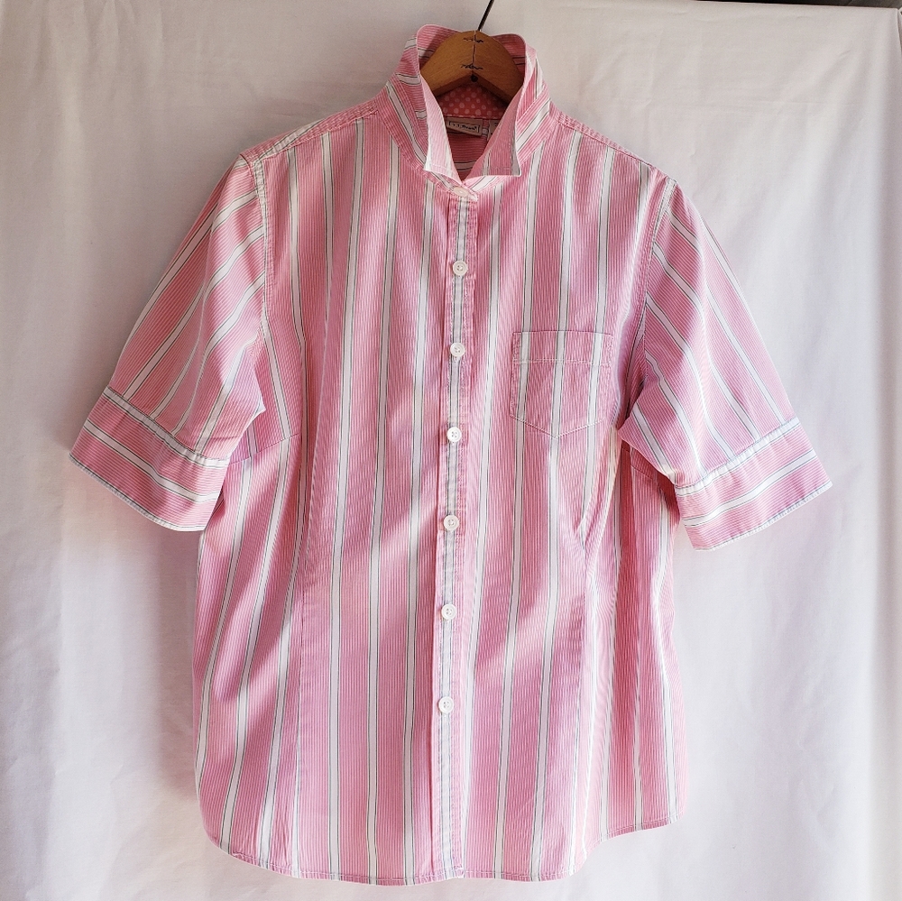 L.L.Bean Women’s Pink, White and Green Stripes Button Down Top. Size: Lg